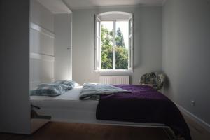 a bed in a room with a window at Apartament Terra Pia in Poznań