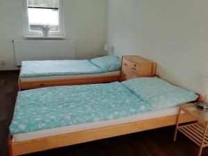 two twin beds in a room with a desk at Apartmán Matylda in Jáchymov