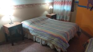 1 dormitorio con 1 cama con 2 mesitas de noche y 2 lámparas en La Covacha Youth Hostel en Salta