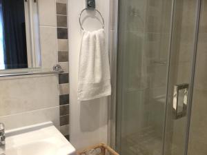 a bathroom with a shower and a white towel at Crammond House in Ramelton