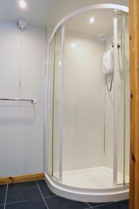 a shower with a glass door in a bathroom at Aunt Rachel's Cottage in Bushmills +8 photos