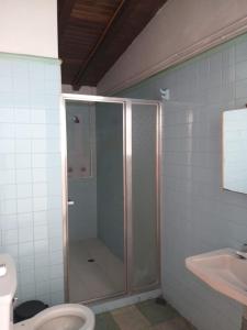 a bathroom with a shower and a toilet and a sink at Big House Medellin in Medellín +7 photos