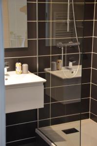 La salle de bains est pourvue d'un lavabo et d'un miroir. dans l'établissement Grand T2 Port de Vannes, vue sur jardin, à Vannes