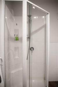 La salle de bains est pourvue d'une douche avec une porte en verre. dans l'établissement Carrick Lodge Motel, à Cromwell