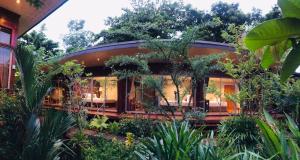 a house is surrounded by plants and trees at 88 Homestay in Bang Chak