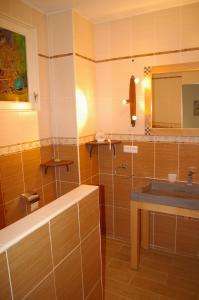 a bathroom with a sink and a shower and a mirror at La Cognée in Cugnaux