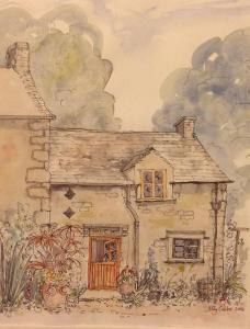 a painting of a house with flowers in front of it at Dove Cottage in Bisley