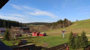 a green field with red buildings on a hill at Apartmán Pivoňka in Kvilda