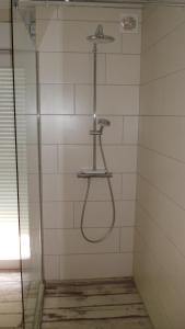 a shower in a tiled bathroom with a hose at Haus Magnolia 2 in Kandern