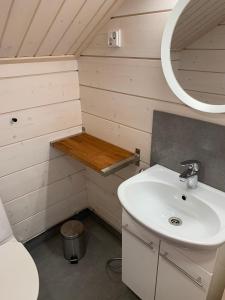 a bathroom with a sink and a toilet at Villa LumiHelmi A & B in Äkäslompolo