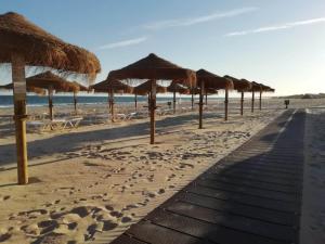 ein Strand mit vielen Strohschirmen und dem Meer in der Unterkunft Coreto's Village in Praia Verde