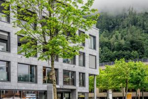 un árbol frente a un edificio en Apartment JungfrauCenter Schynige Platte - GriwaRent AG, en Interlaken