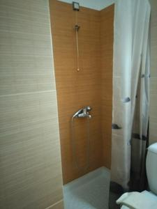 y baño con ducha, aseo y cortina de ducha. en Telethrio, en Loutra Edipsou