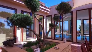 una casa con un patio con árboles y ventanas en Ampelitis Villa, en Pafos