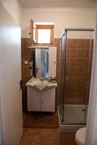 a bathroom with a sink and a shower at Anna Vendégház Tarcal in Tarcal +21 photos