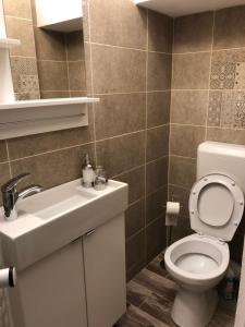 uma casa de banho com um WC e um lavatório em Cozy Place 47-Self check in & out-HBO MAX em Piteşti