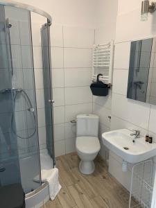 a bathroom with a toilet and a sink and a shower at Willa Moryń in Moryń +30 photos