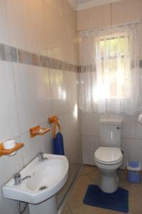 a bathroom with a white toilet and a sink at Rosy Palm Sunrise in Upington