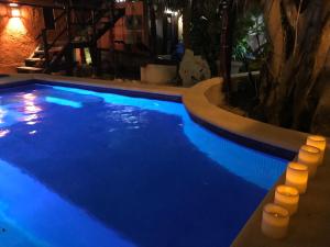a swimming pool lit up in blue at night at Hotel Amar Inn in Puerto Morelos