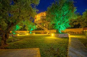 a garden with green lights in front of a building at Zante Lagos holiday homes Treehouse and Villa in Vouyiáton