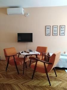 a living room with a table and chairs and a tv at Sobe Gajić in Sremski Karlovci