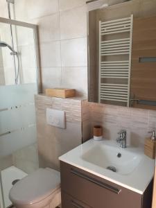 a bathroom with a sink and a toilet and a mirror at La maison parisienne maison deux pièces à louer au pied du métro in Maisons-Alfort