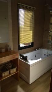 y baño con bañera, ventana y espejo. en Villa Serrana Relax & Confort, en Villa Serrana