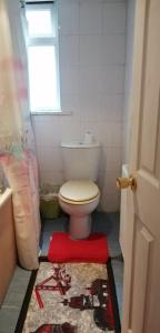 La salle de bains est pourvue de toilettes et d'un tapis rouge. dans l'établissement Carib Inn, à Manchester