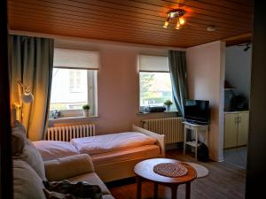a living room with a couch and a bed at Ferienwohnungen und Ferienhaus im Nixenweg in Hohwacht