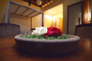 eine rote und weiße Blume in einer Schüssel auf einem Tisch in der Unterkunft Villa Sambal in Yogyakarta