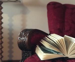 um livro aberto sentado em cima de um sofá vermelho em Greenhouse em Szólád
