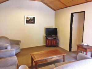 sala de estar con sofá y TV en Woodlands Motels And Apartments, en Dunedin
