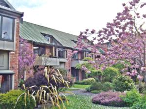 Woodlands Motels And Apartments في دنيدن: منزل به زهور وردية في الفناء