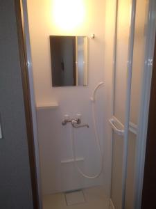 a bathroom with a shower with a mirror at Nice Hostel Yahiro in Tokyo