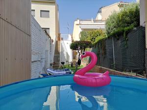 a pink flamingo is sitting in a swimming pool at Can Mero in Malgrat de Mar