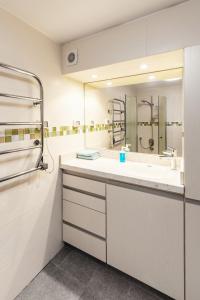 een badkamer met een wastafel en een grote spiegel bij Quiet Apartments in Beit Safafa- Jerusalem in Jeruzalem