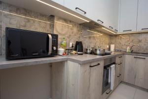 eine Küche mit einer Theke mit einer Mikrowelle und einer Spüle in der Unterkunft CR Apartament w Centrum Lipowa 18 in Białystok