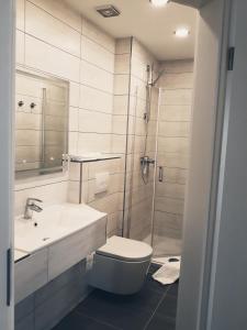 La salle de bains est pourvue de toilettes, d'un lavabo et d'une douche. dans l'établissement Modernes Apartment Metzingen, à Mittelstadt