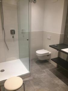 a bathroom with a glass shower and a toilet at Apartment Haus am See in Uttendorf
