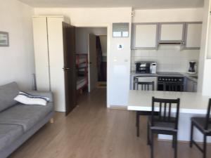 een woonkamer met een bank en een keuken bij Vierboute 604 in Nieuwpoort
