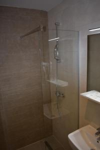 a shower with a glass door next to a sink at Hotel Zlatni Bor in Sokolac