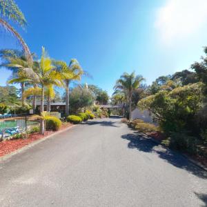 a street with palm trees and palm trees at Fairway Motor Inn in Merimbula