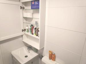 biała łazienka z toaletą i umywalką w obiekcie Bed & Bike Zagreb studio apartment w Zagrzebiu +10 zdjęć
