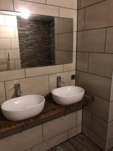 Baño con 2 lavabos y espejo en Glamping Resort Bousset en Chiddes