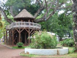 uma casa na árvore com um telhado de palha num parque em L'escale des Palmiers em Saint-Denis