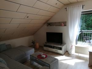 a living room with a couch and a flat screen tv at Ferienwohnung an der Lay Wohnung 2 in Bach