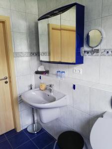 y baño con lavabo, espejo y aseo. en Ferienwohnung an der Lay Wohnung 2, en Bach