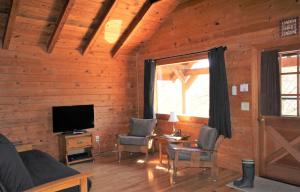 a living room with wooden walls and a television at Mill Creek Resort on Table Rock Lake in Lampe
