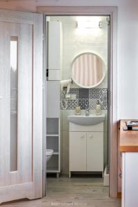 een badkamer met een wastafel en een spiegel bij Apartament Secesja nr 6A in Toruń