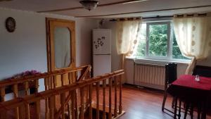 d'une cuisine avec un escalier, un réfrigérateur et une fenêtre. dans l'établissement Приватна садиба "Вікторія', à Yasinya